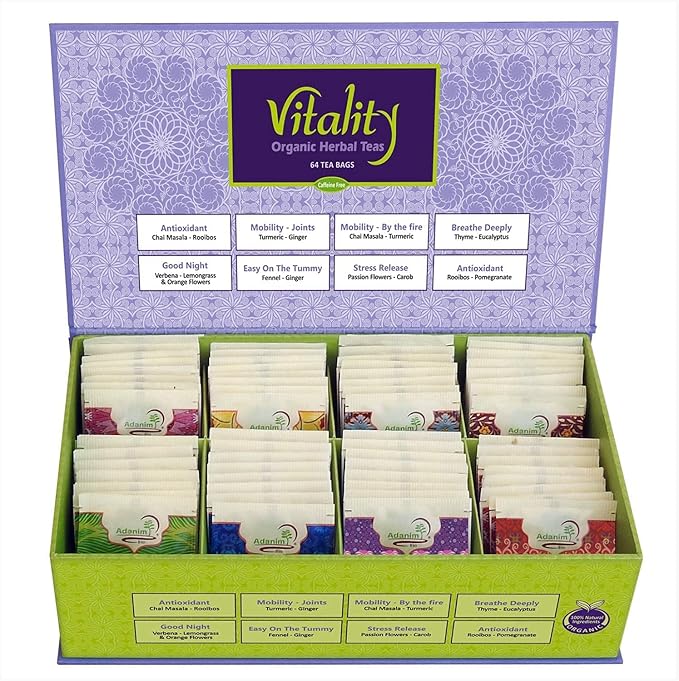 Adanim Bio Vitality Organic Herbal Tea Sampler Tea Set Variety Pack 8 Flavors Assorted Tea 64 Individually Wrapped Tea Bags Caffeine Free Natural Ingredients Christmas Tea Birthday Gift Box for Women