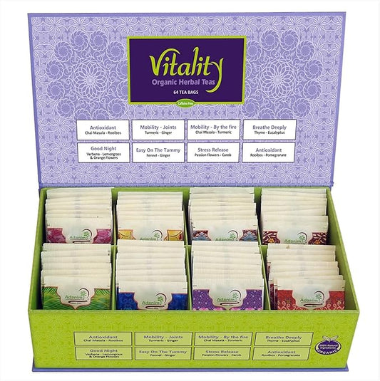 Adanim Bio Vitality Organic Herbal Tea Sampler Tea Set Variety Pack 8 Flavors Assorted Tea 64 Individually Wrapped Tea Bags Caffeine Free Natural Ingredients Christmas Tea Birthday Gift Box for Women
