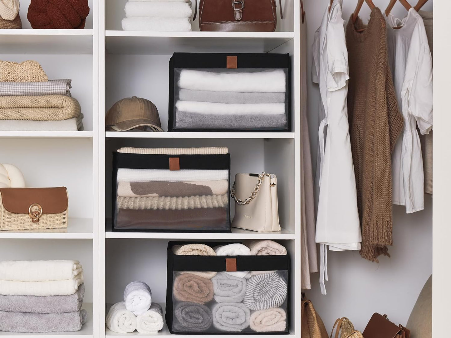 StorageWorks Closet Storage Bins, Extra Large Storage Baskets with Clear Window and Handles, Foldable Fabric Organizer for Clothes, Shelves, Black, 3 Pack