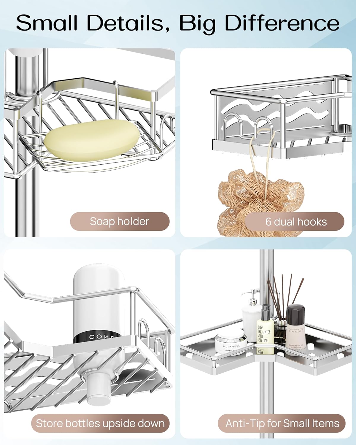 ALLZONE Corner Shower Caddy Tension Pole, Quick to Install, Easy to Adjust, Rust-Free Stainless Steel Shower Organizer Corner and Storage Shelves, Drill Free, Extends from 34 up to 116 Inch Tall