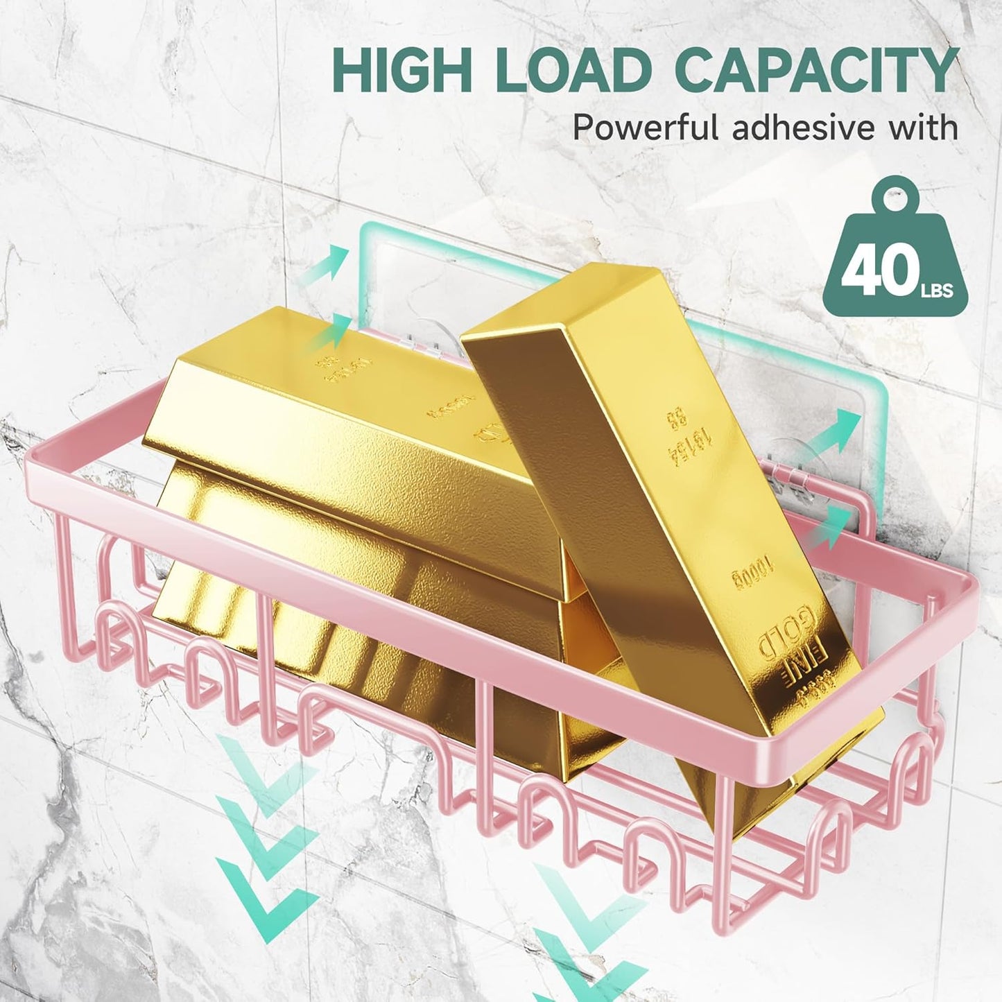 Veken Large Capacity Shower Caddy 6-Pack, No Drilling & Rustproof, Adhesive Shower Shelves with Soap Holder, Bathroom Organizers and Storage, Wall-Mounted Kitchen & Home Decor, Pink