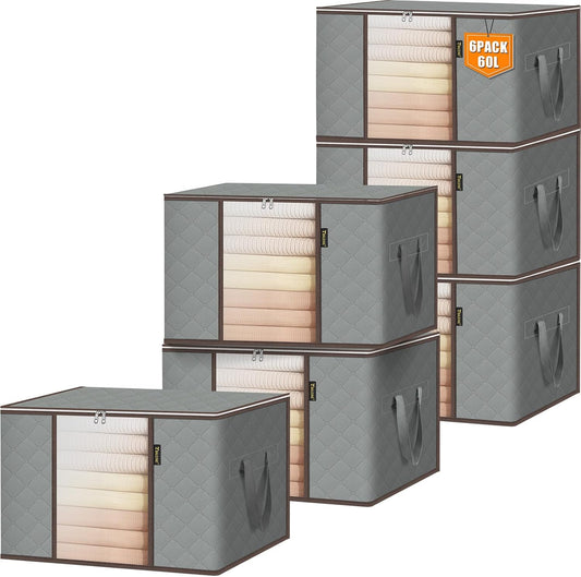 BALEINE 6 Pack Clothes Storage Bags, 16 Gallon Storage Containers with Reinforced Handle, Sturdy Zipper, Closet Organizer for Blanket, Comforter, Pillow, Bedding (Grey, 6 Pack)