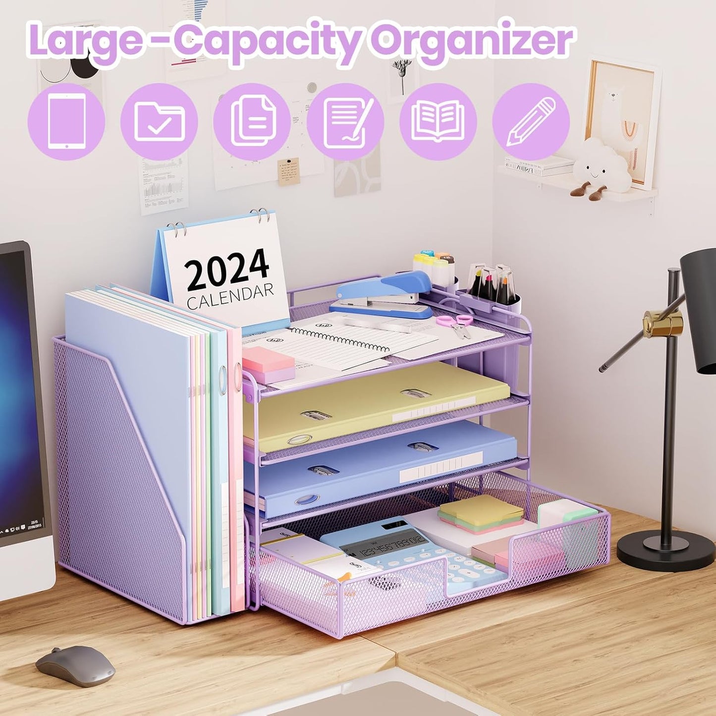 Desk Organizer and Accessories, 4-Tier Desktop File Organizer with Drawer and 2 Pen Holders, Office Desk Accessories, File Sorters, Workspace Organizers for Office Supplies(Purple)