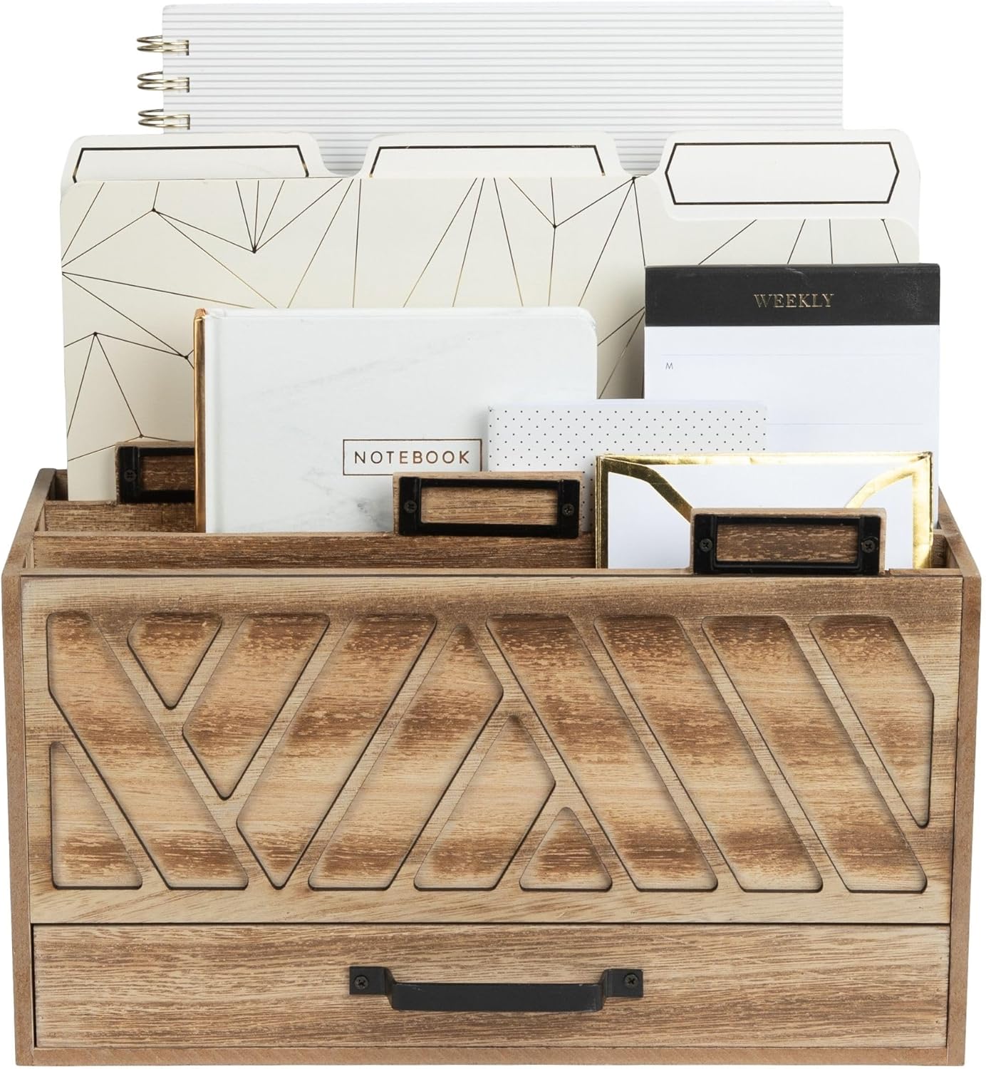 BLU MONACO Natural Wood Desktop Mail Organizer – Three-Tiered with Gold Label Holders and Drawer – Stylish Mail Holder and Countertop Document Storage for Home or Office