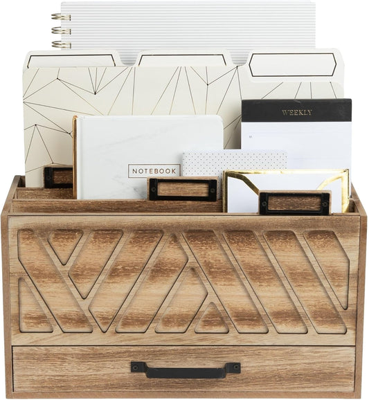 BLU MONACO Natural Wood Desktop Mail Organizer – Three-Tiered with Gold Label Holders and Drawer – Stylish Mail Holder and Countertop Document Storage for Home or Office