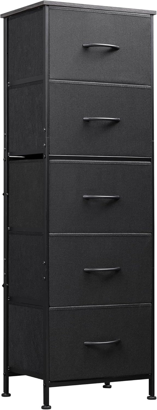WLIVE Fabric Dresser, 5-Drawer Tall Dresser for Bedroom, Storage Organizer with Fabric Bins, Wood Top, Sturdy Steel Frame, Chest of Drawers for Closet, Hallway, Charcoal Black