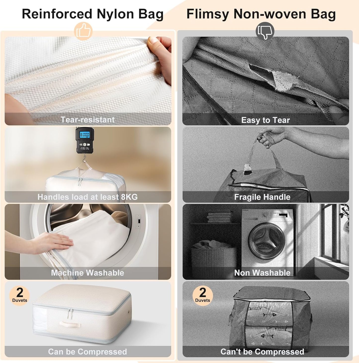 Comforter Storage Bag - Large Capacity Blanket Storage Bags 3-Layer Ultra Space Saving Self Compression Organizer, Washable Compression Bags for Storage Comforter Blanket, 8-Pack, Beige