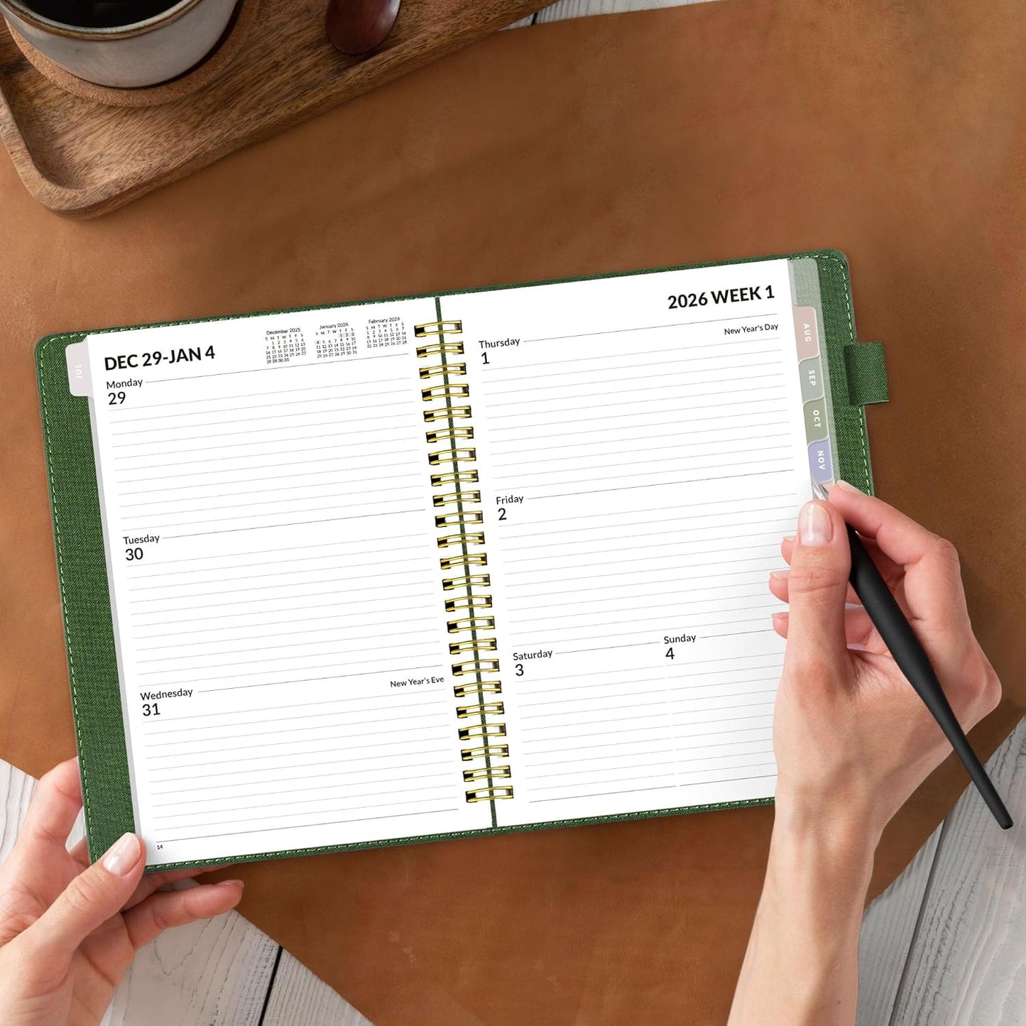 SUNEE 2026 Weekly & Monthly Planner 6.4"x8.5"- 12 Month (January 2026 - December 2026), Vegan Leather Cover, Pocket, Bookmark, Notes, Monthly Tab, Deep Green