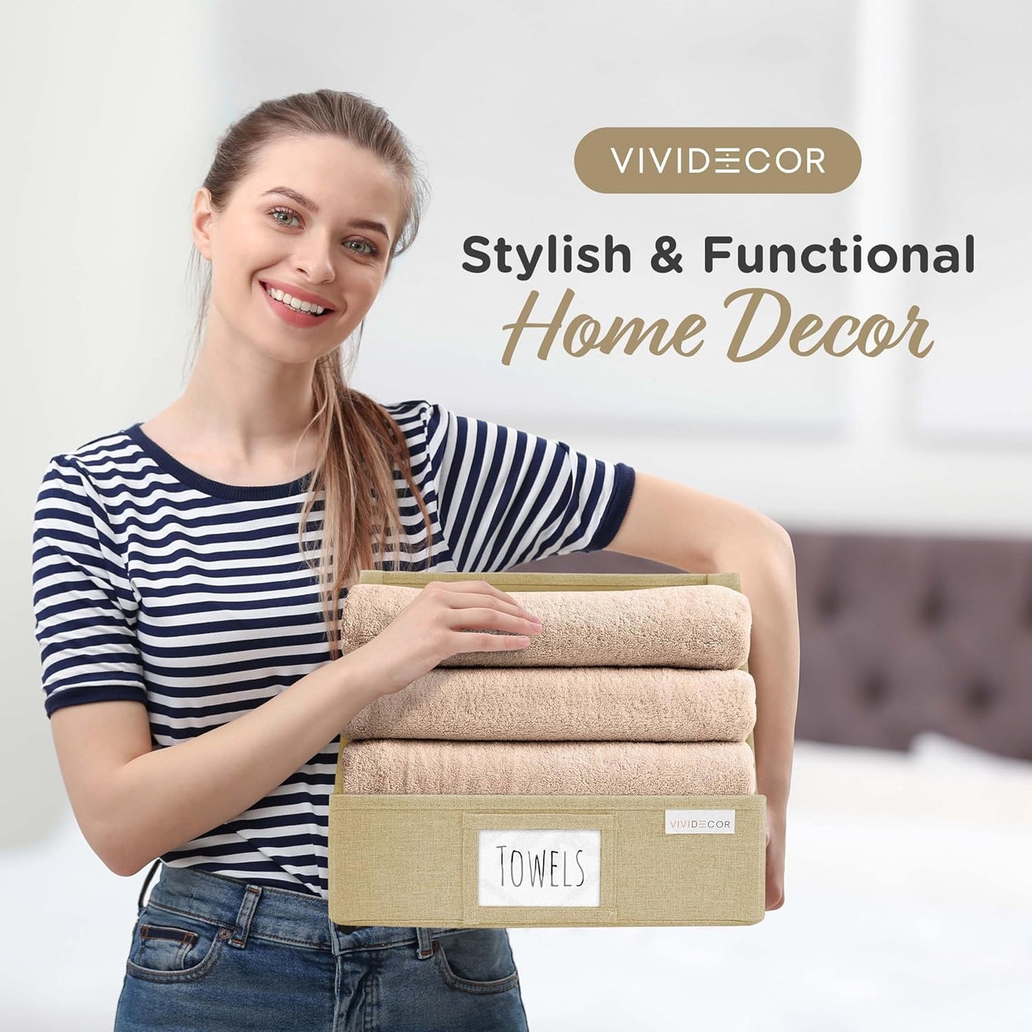 Trapezoid Storage Bins – 3-Pack Closet Shelf Organizer & Baskets, Open Front Bin for Shelves, Foldable Fabric Basket for Clothes, Cube Storage Bins, Towel, Clothing Shelf (Beige, 3 Pack)