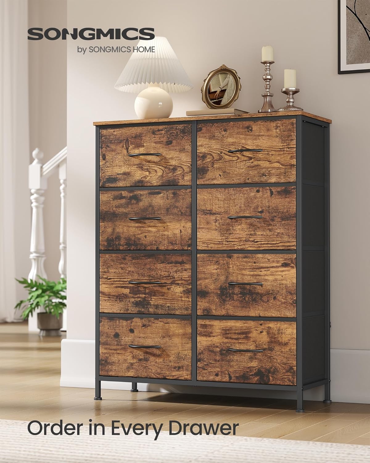 SONGMICS Dresser for Bedroom, Chest of Drawers, Steel, MDF, 8 Non-Woven Fabric Drawers, Storage Organizer Unit, Closet, Entryway, Rustic Brown and Ink Black LGS124B02S