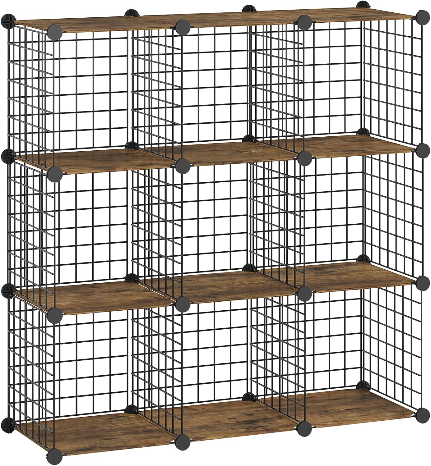 HOOBRO Cube Storage Organizer, Wire Cube Storage, 9-Cube Metal Grid Storage Shelf, Modular Cabinet, DIY Cube Storage Organizer, for Living Room, Bedroom, Study, Rustic Brown and Black BF09CW01