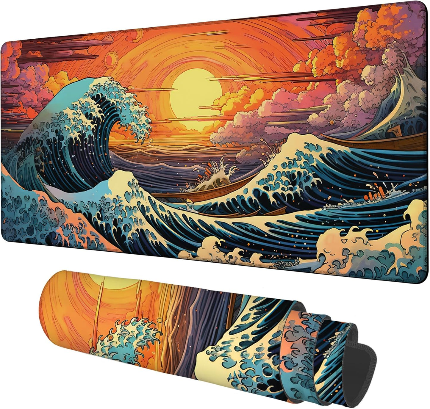 Gaming Desk Pad Large Extra Length Japanese Blue Waves Mouse Pad Keyboard Laptop Non-Slip Waterproof with Rubber Base Thick Stitched Edge Mouse Mat for Office Home 35.4 x 15.7 Inches