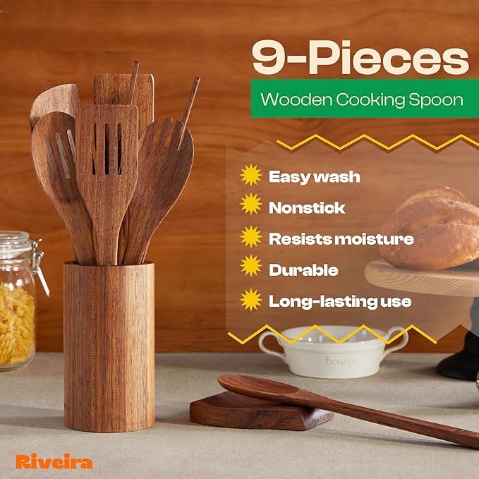 Riveira Teak Wooden Cooking Utensils Set of 9 Premium Quality Non-Toxic Wooden Spoons & Spatulas for Cooking, Stirring, Flipping & Serving