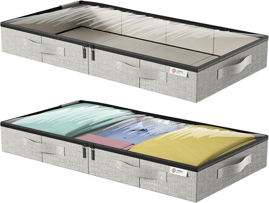 4.5 Inches Under Bed Storage Containers with Sturdy Sidewalls/Bottom and Reinforced Handles，Low Profile Underbed Storage for Clothes,Shoes,Pillows and Blankets with Zips and Clear Windows,2 Pack