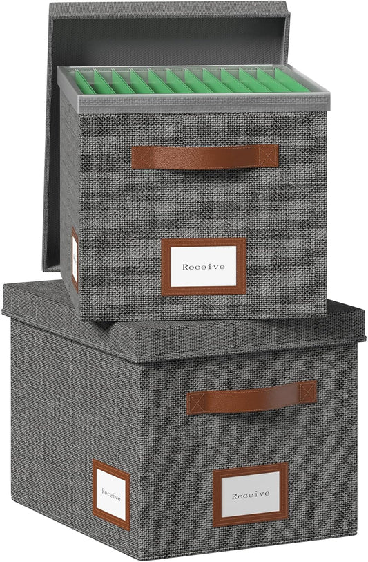 File Organizer Box with Lid File Box for Hanging Decorative File Organizer with One-Piece Integrated Plastic Slide Rail(Grey, 13.2x10.1x10.1inch(2pack))