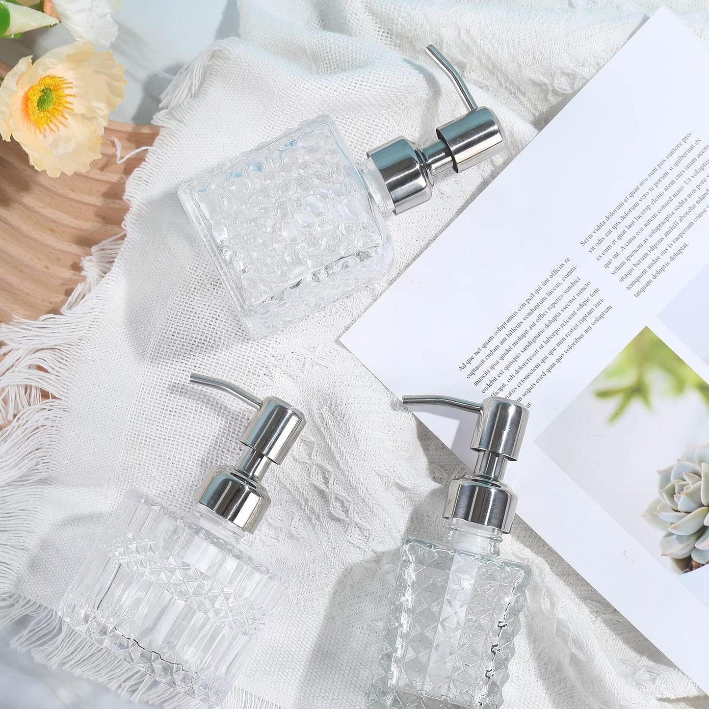 Soap Dispenser with Stainless Steel Pump, Clear Crystal Design, Vintage and Elegant, Refillable Liquid Hand Soap Dish Soap Dispensers for Bathroom Counter, Kitchen Sink (Style 3)