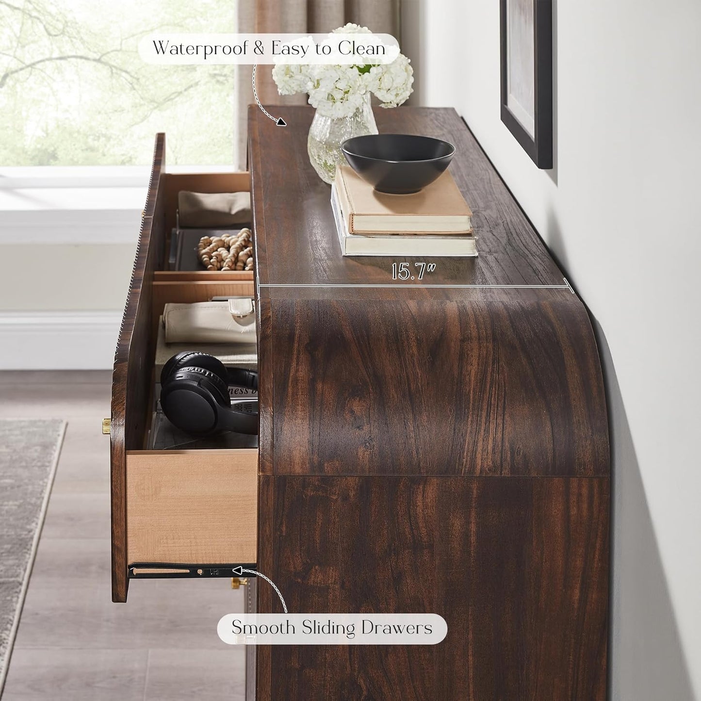 T4TREAM Fluted 6 Drawers Dresser for Bedroom, 54" Wide Modern Chest of Drawers with Thickened Curved Profile Design, Wood Dressers TV Stand for Bedroom, Living Room, Hallway, Dark Walnut