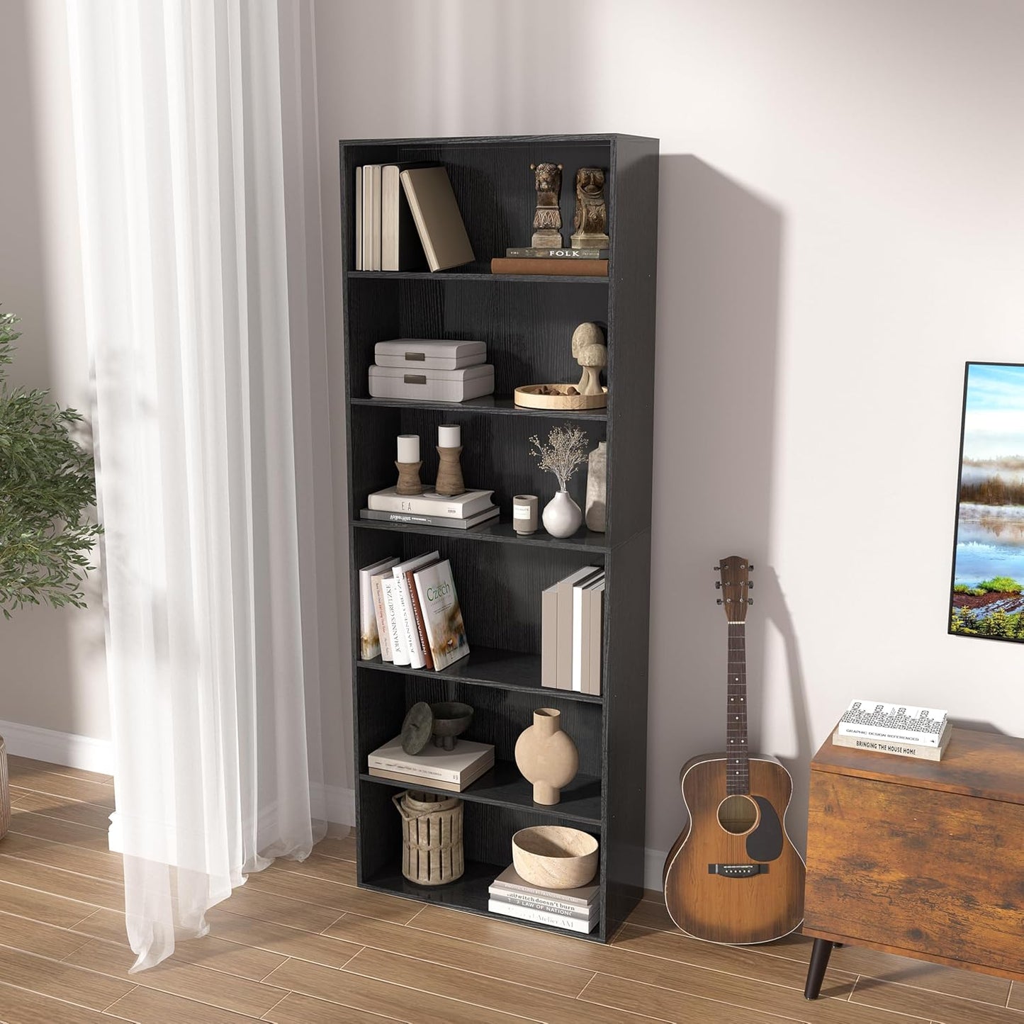 Wooden 6 Cube Storage Organizer,6 Tier Low Bookcase Storage Display Organizer, 64 Inch Versatile Cubes Shelf and Cubby Unit for Any Space (Black, 6 Cube-W(23.6inch)