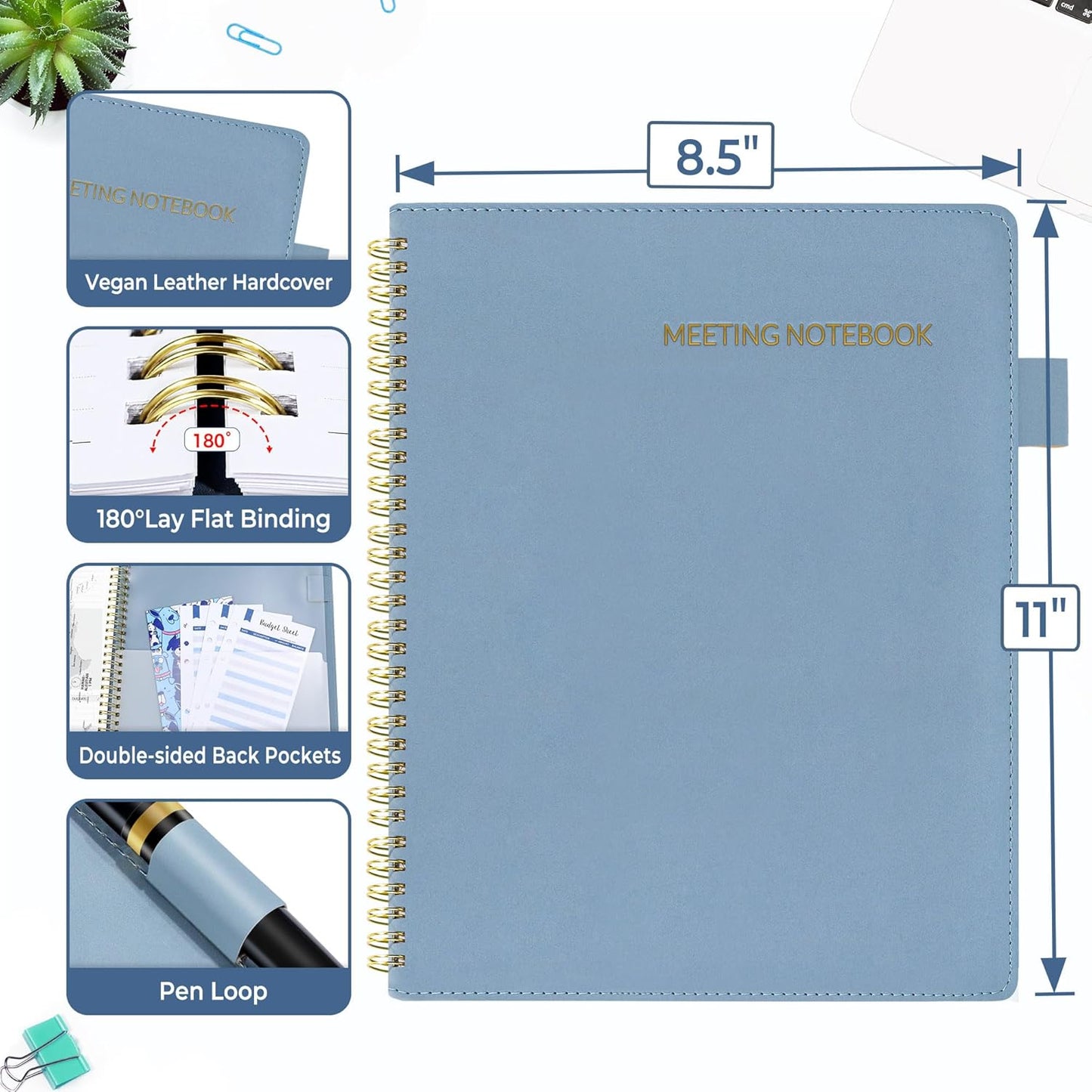 SUNEE Half Meeting Half Note - 8.5"x11" Professional Notebooks for Work - 160 Pages, A4 Size Project Planner, Spiral Meeting Agenda Organizer for Women Men, Note Taking,Office with Vegan Leather Cover
