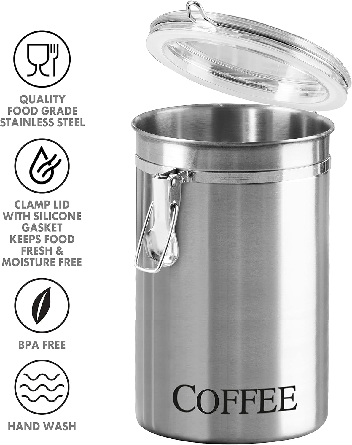OGGI Stainless Steel Canister 62oz - Airtight Clamp Lid, Clear See-Thru Top. Large Size 5" x 7.5" & Jumbo 8" Stainless Steel Flour Clamp Canister - Airtight Food Storage Container Ideal, Dry Foods