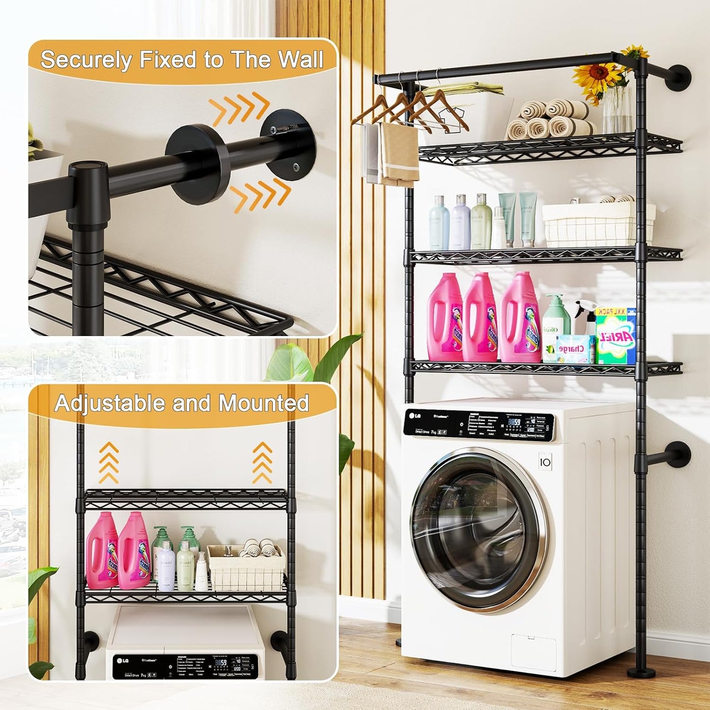 U17 Wall-Mounted Over Washer and Dryer Storage Shelves, Without Moving Washer or Dryer Laundry Room Storage Rack with Hanger Rod, 35" W x 22" D x 86.2" H, Holds 352 lbs, Black