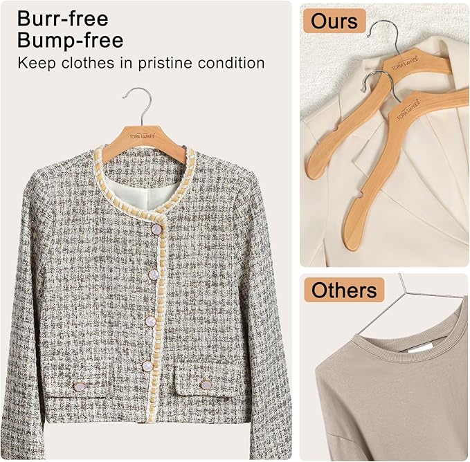 TOPIA HANGER Wooden Coat Hangers 24 Pack, Premium Wood Top Suit Hangers with No Shoulder Bump, 360° Swivel Hook and Cut Notches Clothes Hangers for Sweater, Coat, Shirts, Jackets, Dress, Natural CT85N