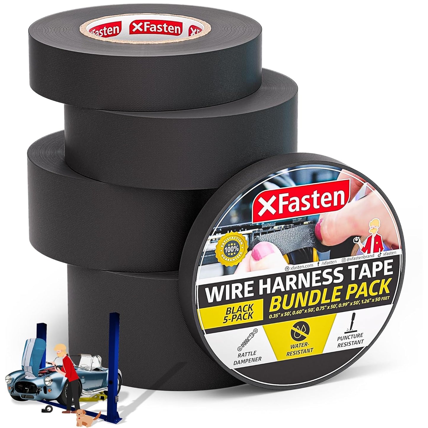 XFasten Wire Harness Tape, 250 Feet Total (5-Set Width), High Temp Wiring Loom Harness, Self-Adhesive Felt Cloth Electrical Tape for Automotive Engines, Noise Dampening, and Cable Protection