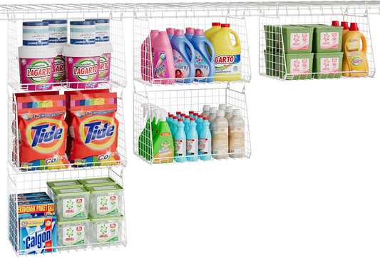 3-Pack Large Hanging Laundry Basket: Wire shelves for Laundry Room Organization with 360°Rotating Hooks Foldable Space Saving Over Washer and Dryer Shelves -Metal Laundry Basket Holder, White Patent