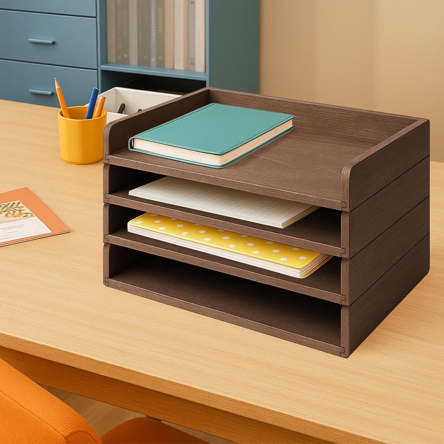 PROLEE Wooden Paper Tray Organizer for Desk,Stackable Paper Holder and Letter Tray,4-Tier Desktop File Storage Rack for Study,Home and Office(Walnut,14" x 9.5" x 2.5")