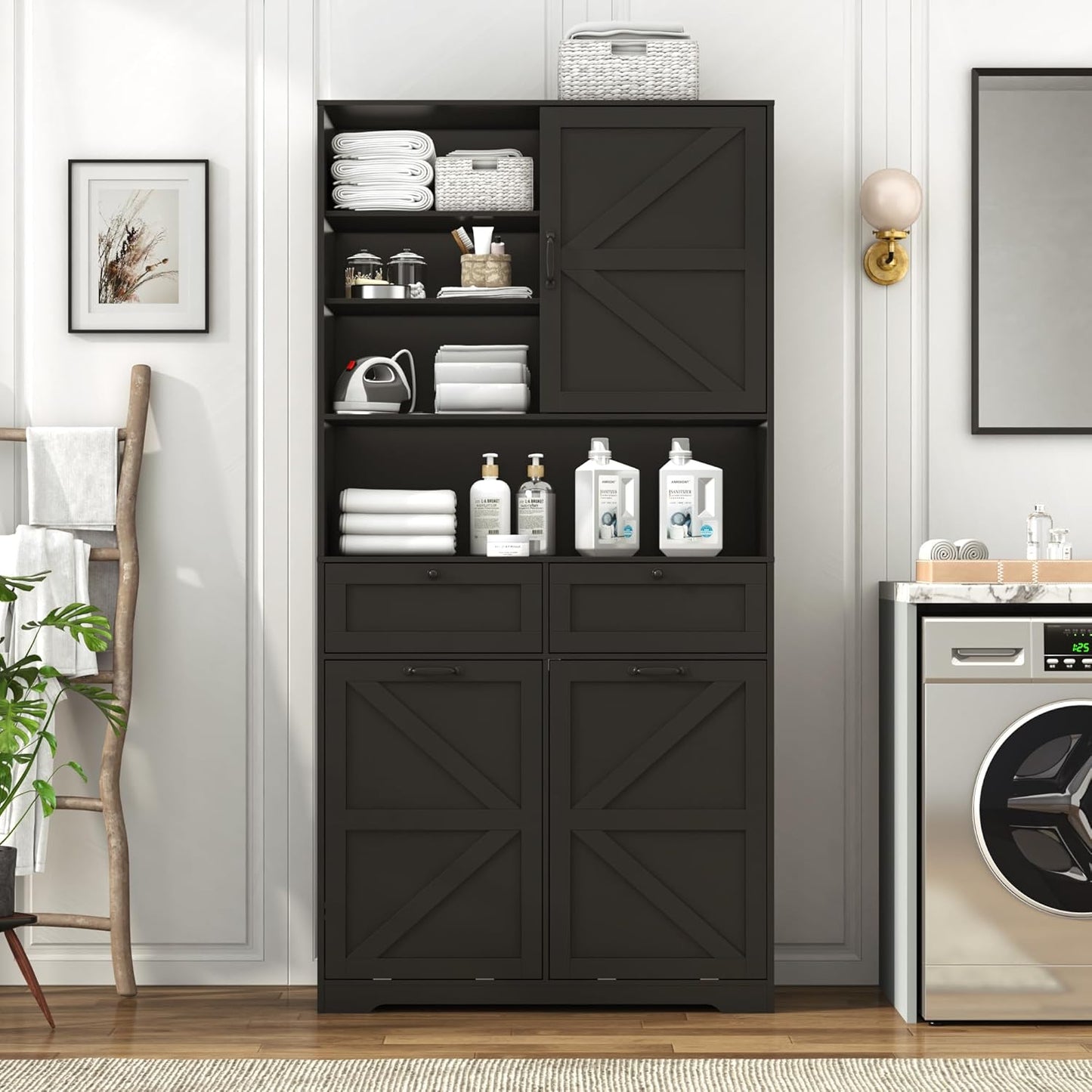 78" Tall Tilt-Out Double Doors Laundry Cabinet Hamper w Hidden Laundry Hamper,Large Pull Out Laundry Room Storage Cabinets,Kitchen Double Tilt Out Trash Cabinet,13X2 Gallon Bathroom Organizers(Black)