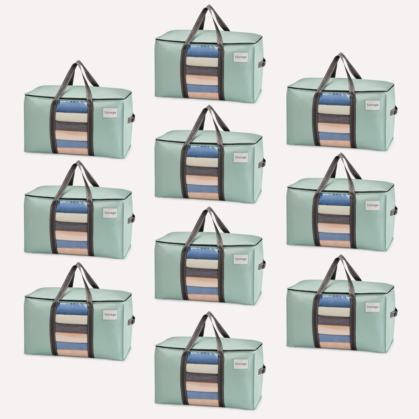 VENO 10 Pack Moving Bags, Moving Supplies, Moving Boxes, College Packing Storage Boxes with Lids Alternative, Heavy Duty Totes, Extra Large, Sturdy Handles, Zipper (Light Green with Window, 10 Pack)