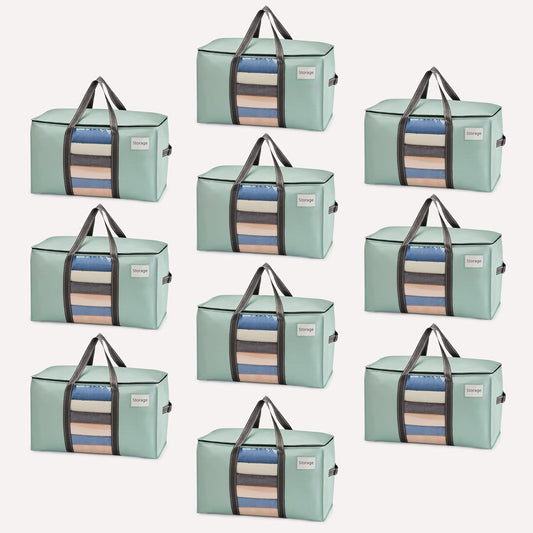 VENO 10 Pack Moving Bags, Moving Supplies, Moving Boxes, College Packing Storage Boxes with Lids Alternative, Heavy Duty Totes, Extra Large, Sturdy Handles, Zipper (Light Green with Window, 10 Pack)