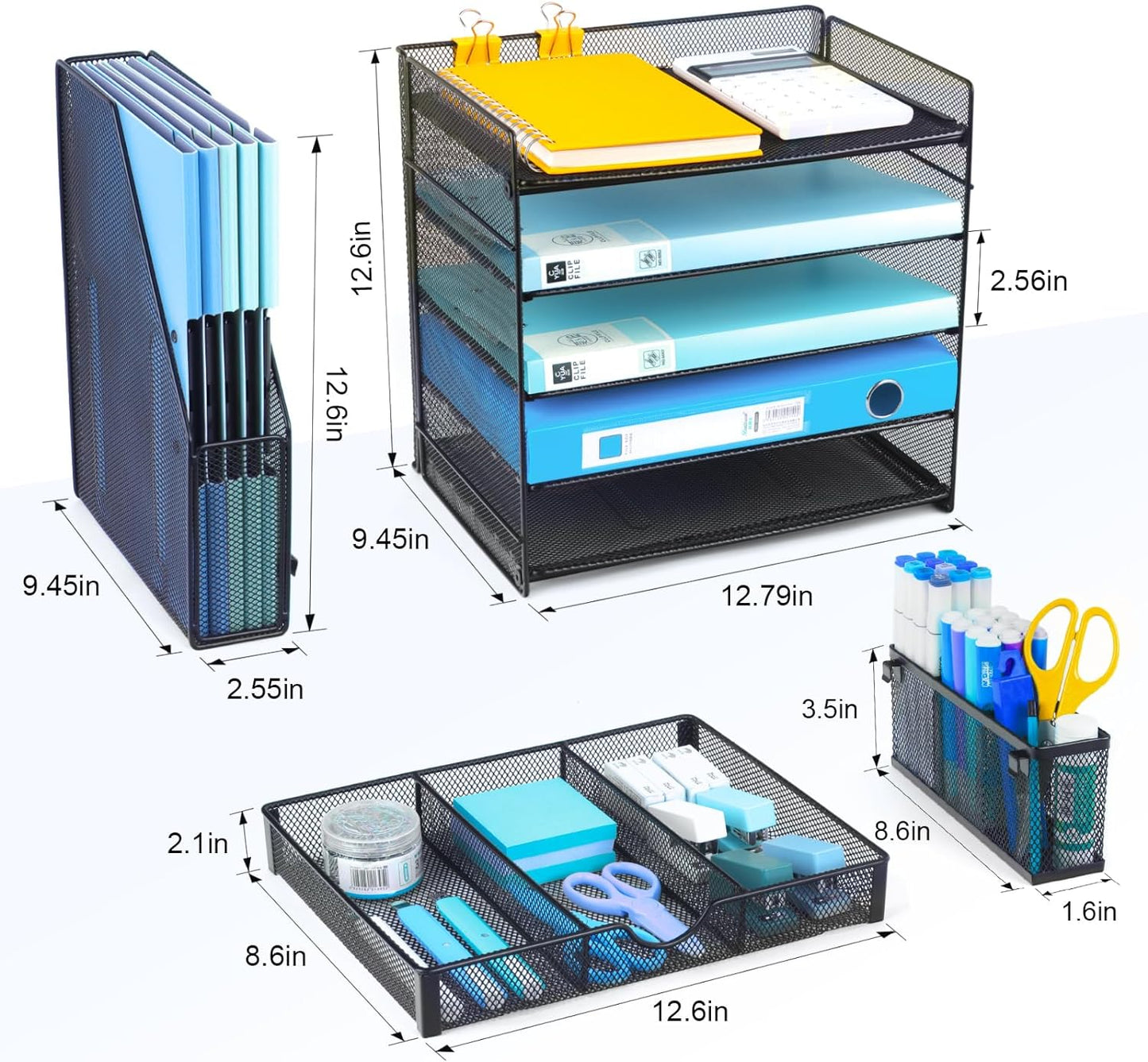 Desk Organizers with File Holder, 5-Tier Paper Organizer Letter Tray with Sliding Drawers and Extra Pen Holder, Mesh Desktop File Organizer for School Office Supplies, Black.
