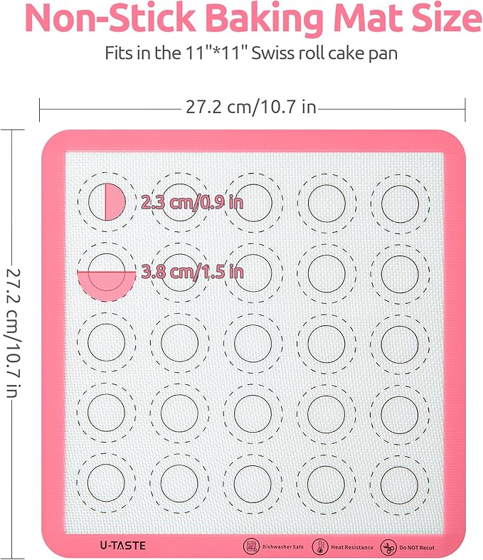 446ºF Heat Resistant Macaron Mat: U-Taste 11x11in Non Stick Silicone Baking Mat, Reusable Cookies Pastry Sheet Liner with Edge Enhancement & Circle Measurement for Square Cake Pan (2 PCS, Pink)