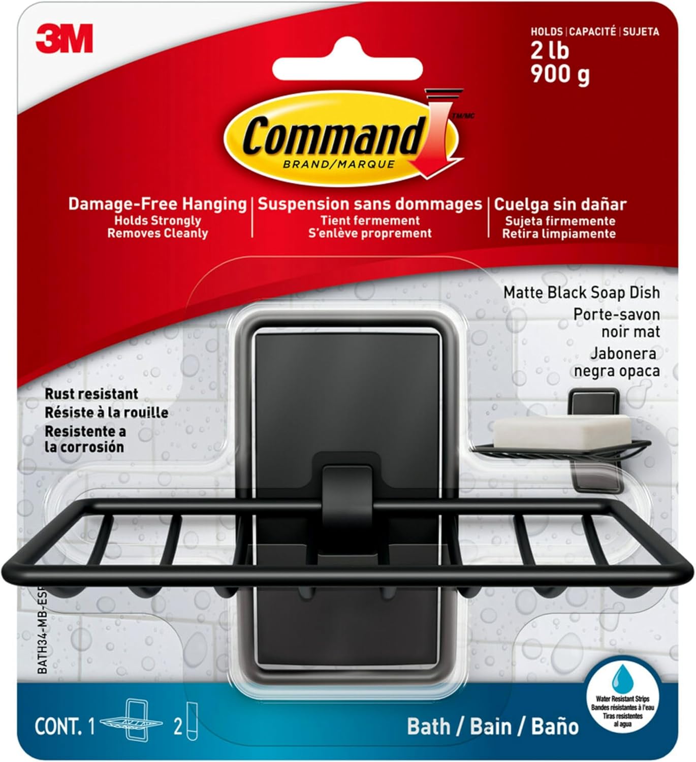 Command Soap Dish for Shower, Damage-Free Hanging, No Tools Soap Holder for Holiday Guests, 1 Matte Black Dish and 2 Water-Resistant Command Strips