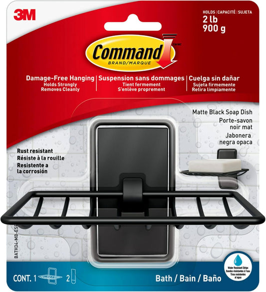 Command Soap Dish for Shower, Damage-Free Hanging, No Tools Soap Holder for Holiday Guests, 1 Matte Black Dish and 2 Water-Resistant Command Strips