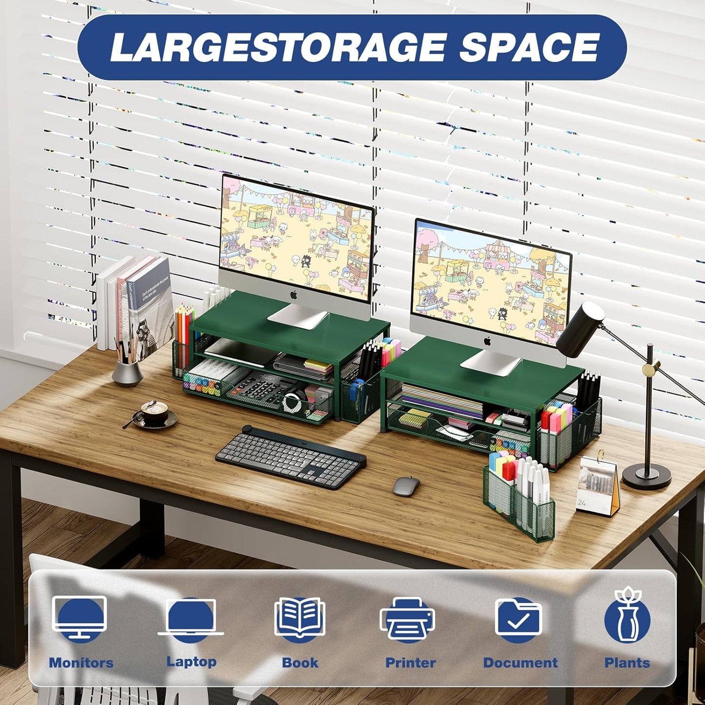 Desk Organizers and Accessories, 2-Tier Computer Monitor Stand Riser with Drawer and 2 Pen Holders, Laptop Stand, Office Desk Accessories for Office Supplies, Dark Green