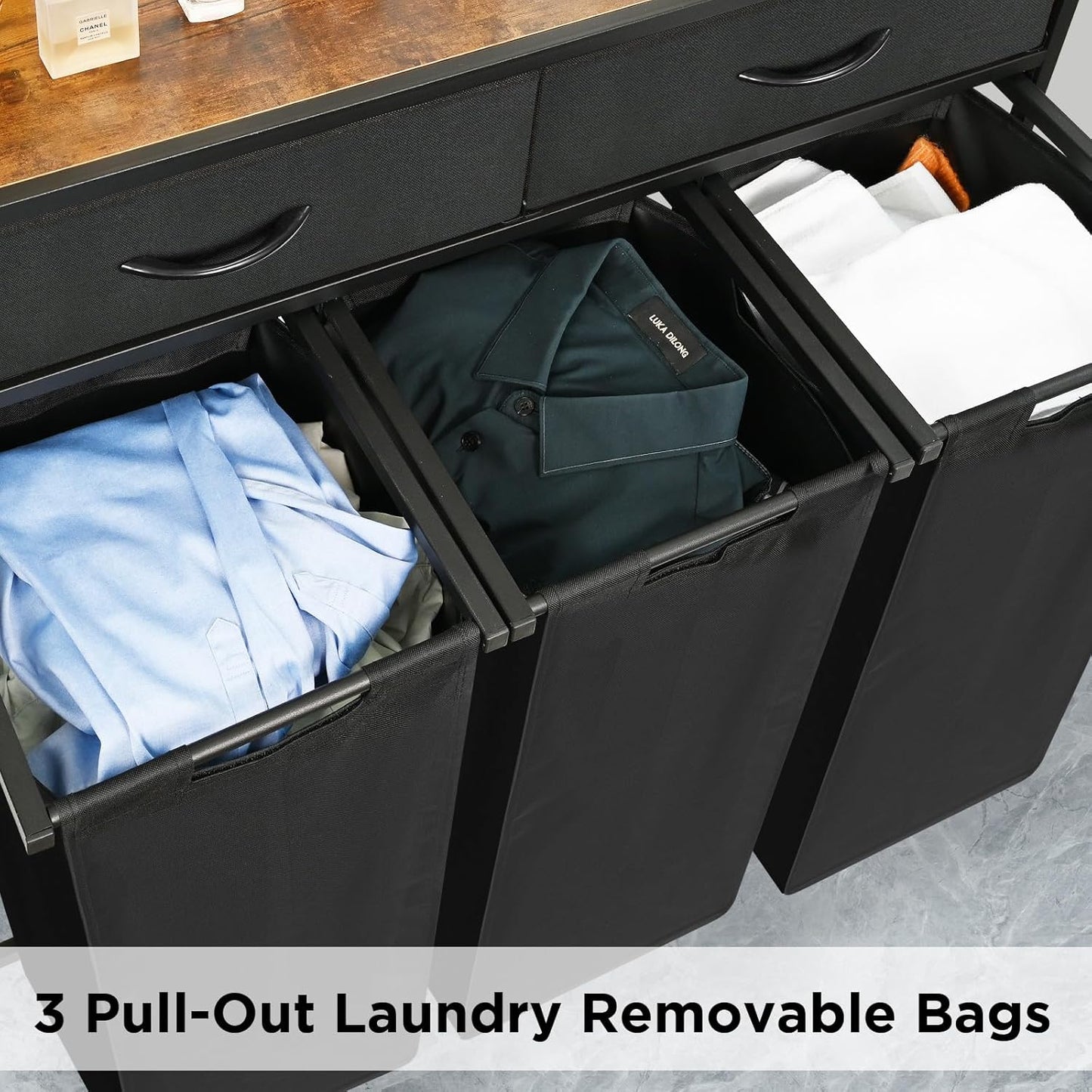 Laundry Sorter 3 Section, 180L Laundry Hamper Basket with Shelf and 2 Drawers, 3 Compartment Clothes Storage Organizer Cart, Pull-Out Removable Oxford Fabric Bags, Black