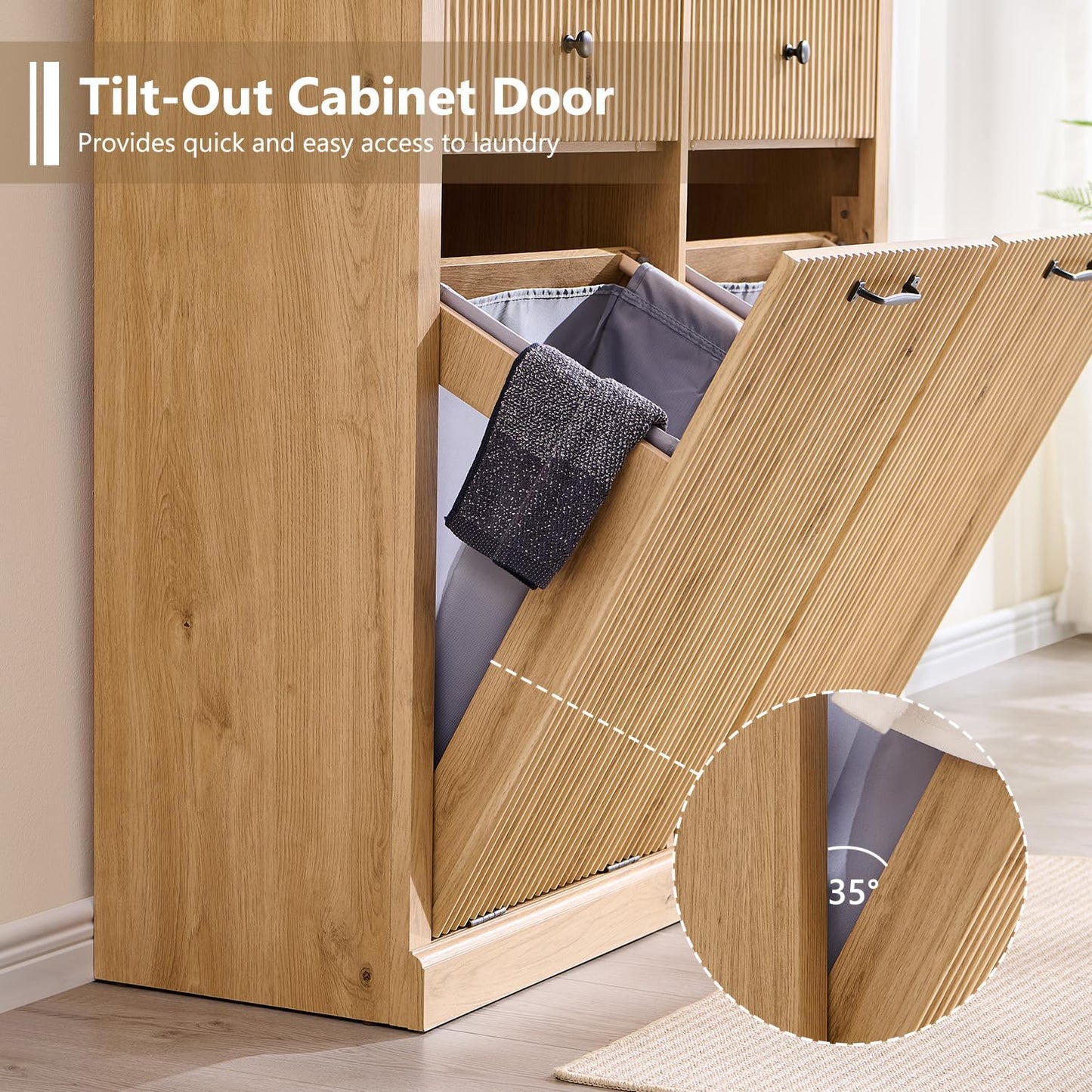 Modern Double Tilt-Out Laundry Hamper Cabinet, 20 Gallon Fluted Trash Can Cabinet with 2 Drawers, Wooden Hidden Garbage Can Cabinets with Laundry Basket, for Bathroom and Kitchen, Natural Oak