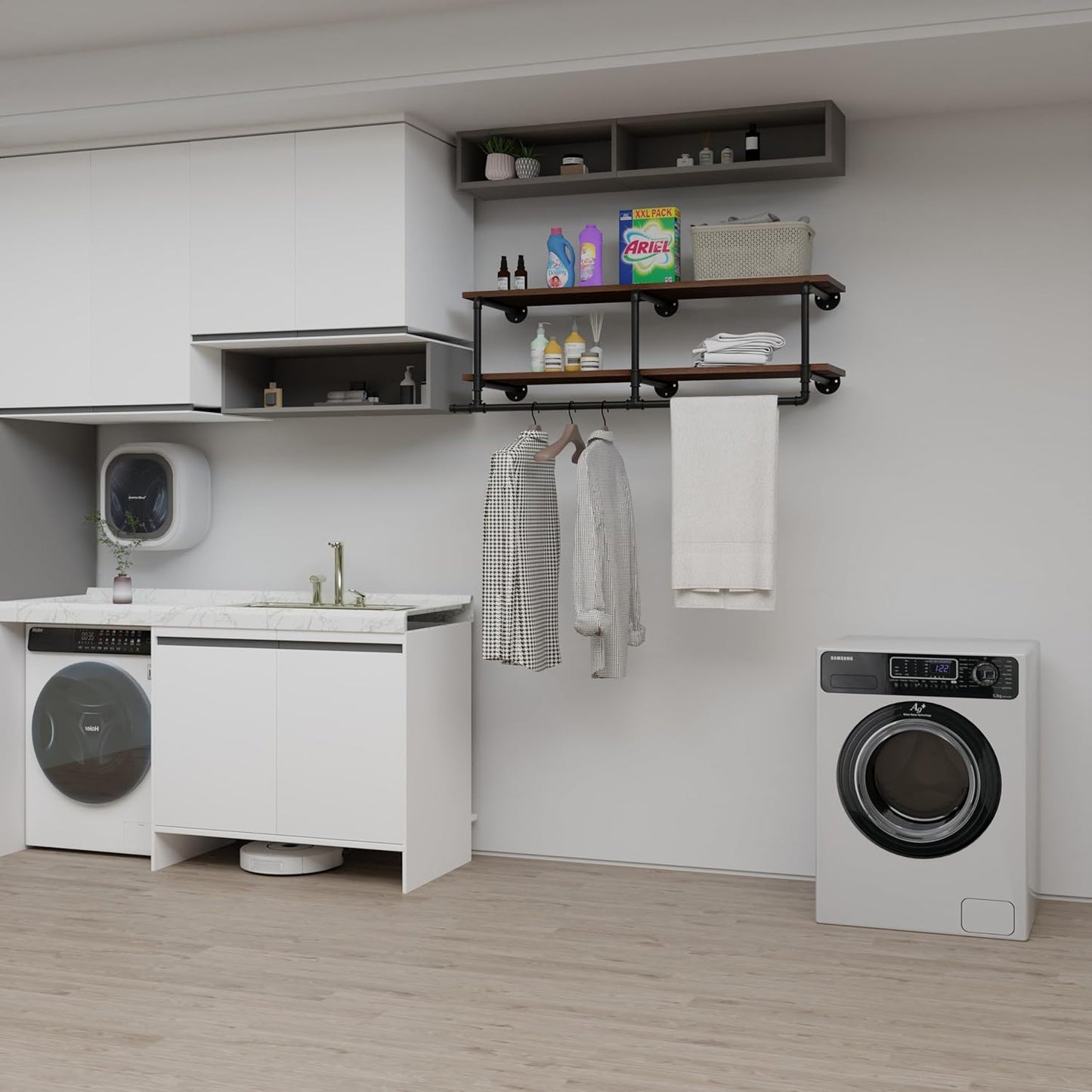 Wall Mounted Clothes Rack 12 Inch Deep, 48 Inch Heavy Duty Garment Rack with Real Walnut Wood Shelf, Multi-Purpose Hanging Rod & Space-Saving Closet Storage Organizer