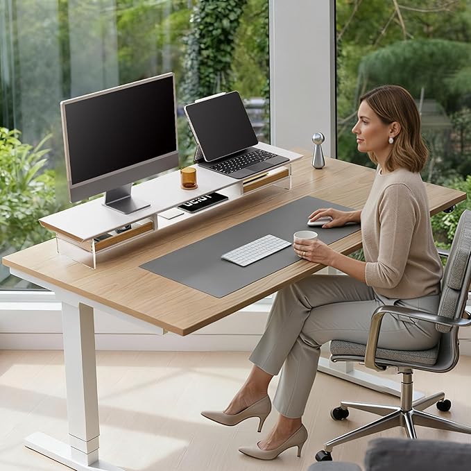 Fenge Acrylic Monitor Stand, 2 Tier Dual Monitor Riser with Solid Wood Drawers, 42.5 Inch Computer Stand for Two 27 Inch Monitors, Desk Shelf for PC, Laptop, Printer, TV, White