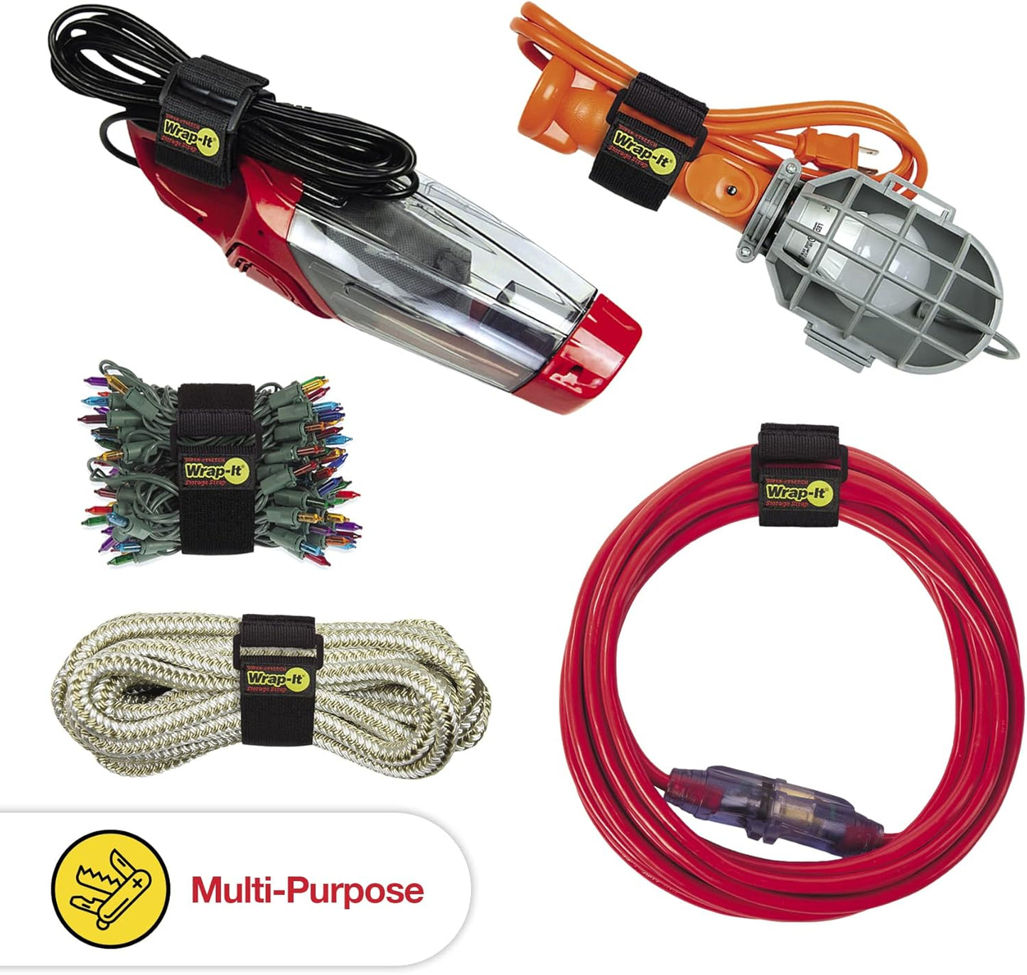 Super-Stretch Wrap-It Storage Straps - 9" (10 Pack) - Elastic Cinch Straps for Extension Cord Management, Cable Storage, Hose Organizer with Hook and Loop Closure to Strap Your Hose, Rope, and More