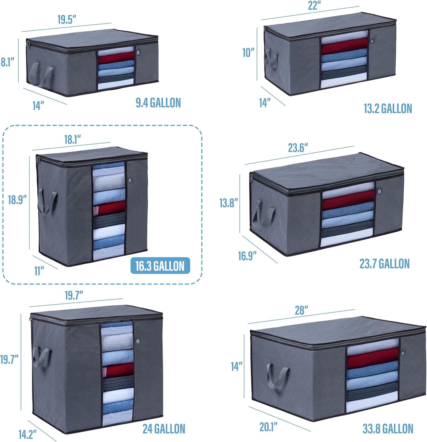 VENO 3 Pack Clothes Storage Bag Organizer with Reinforced Handle Thick Fabric for Comforters, Blankets, Bedding, Foldable with Sturdy Zipper, Clear Window, Reusable (Tall 16.3 Gallon)