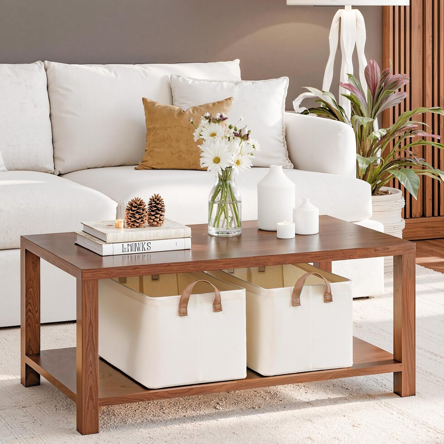 StorageWorks Fabric Storage Bins, Large Storage Baskets for Shelves, Closet Organizers and Storage Bins with Metal Frame, Handles, Natural Color, 2-Pack