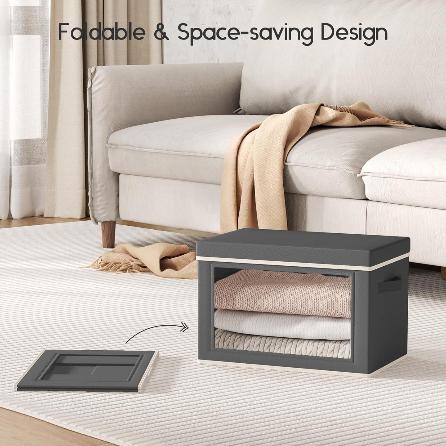 Collapsible Storage Bins with Lids - Stackable Storage Containers with Window, 3 Pack Fabric Bins for Closet, Home & Office Organization Baskets, Dark Gray, 14.9" x 9.8" x 9.8"