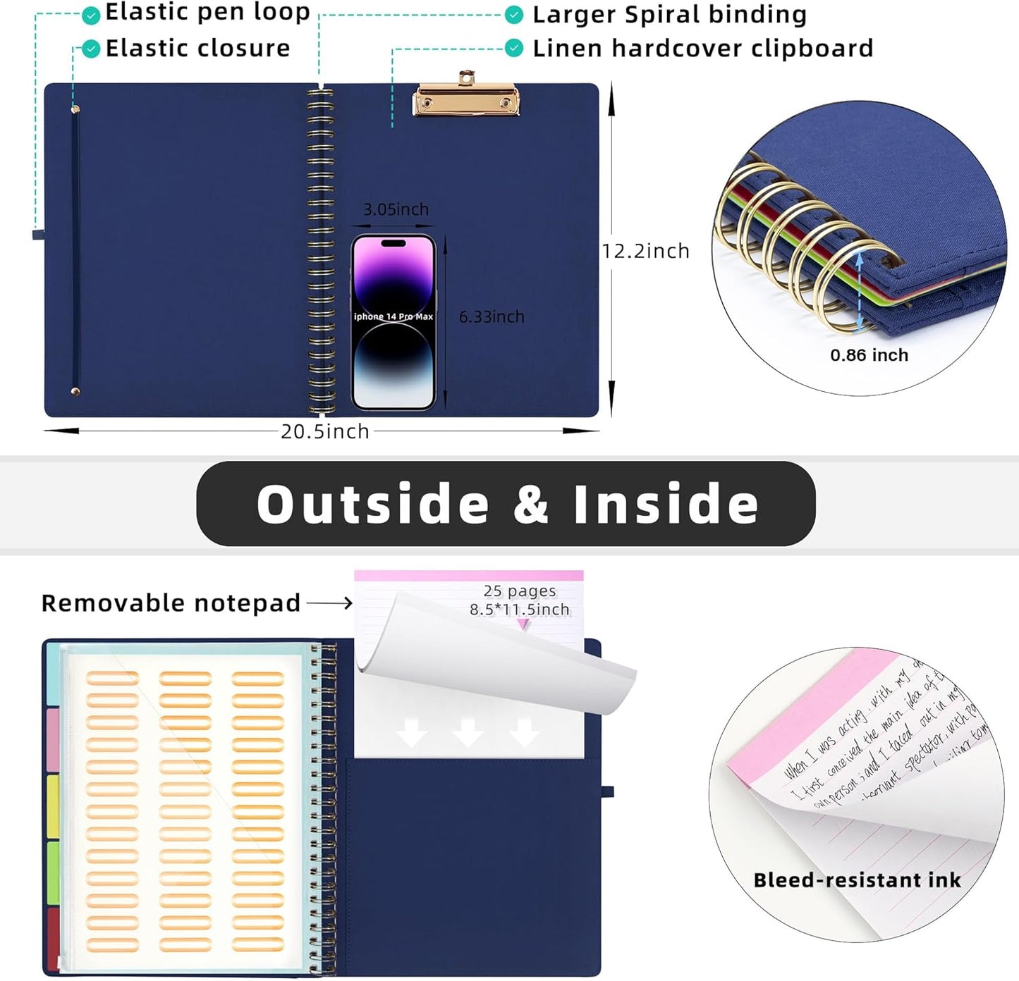 Ospelelf Bule Foldable Spiral Clipboard Folio with Storage Zipper Pouch, 5 Plastic Folders with 10 Pockets, Refillable Lined Notepad (11" x 8.5"), Linen Hardcover Project Organizer