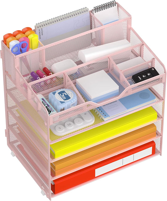 Docnest 5 Tier Mesh Desk Organizer for Paper Office Supplies – Multi-Functional Letter Tray with 5 Adjustable Compartments, 3 Pen Holders, Desktop Storage for Files, Mail, Stationery – Pink