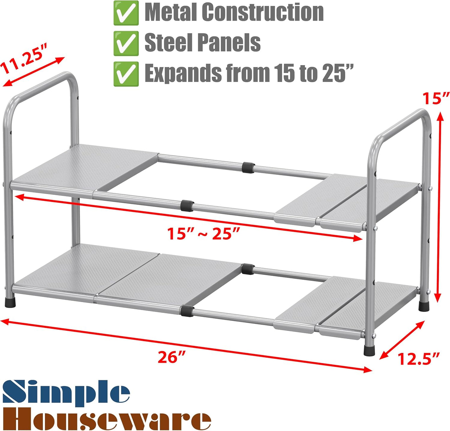 Simple Houseware Under Sink 2 Tier Expandable Heavy Duty Metal Shelf Organizer Rack, White (Expand from 15 to 25 inches)