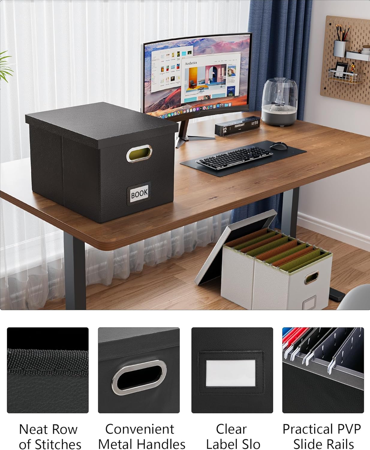 2 Pack File Storage Organizer Box, Portable Filing With Lid, Fit for Letter/Legal Folder Storage, Black (Leather)