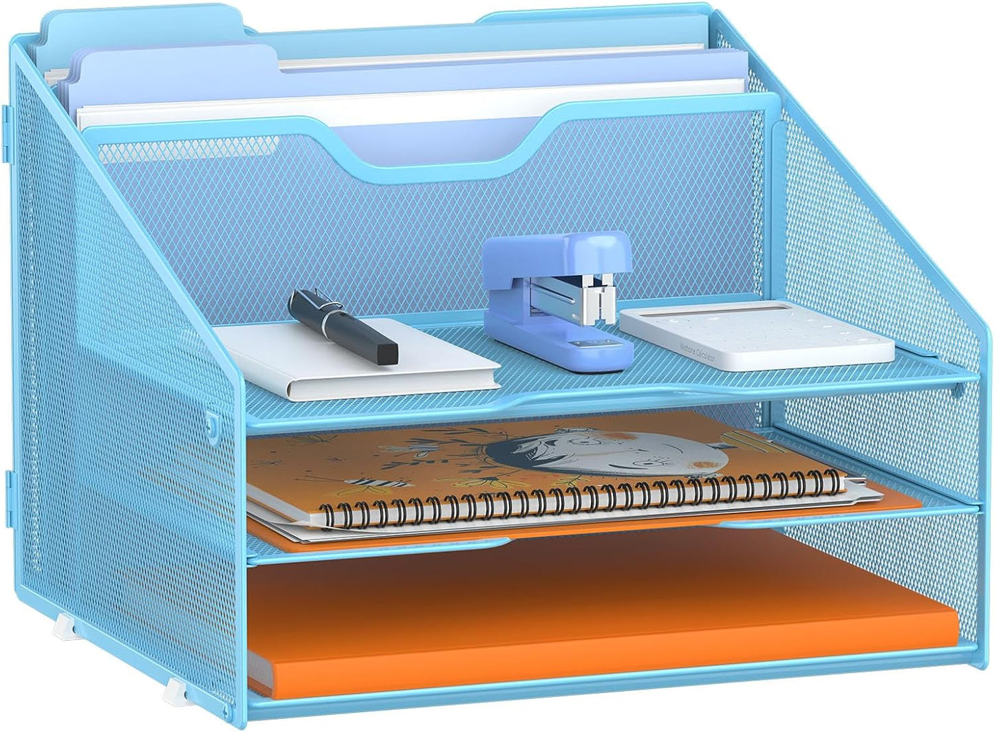 Letter Tray Organizer, Mesh Desk File Organizer with 3 Paper Trays and 2 Vertical Upright Section (Blue)